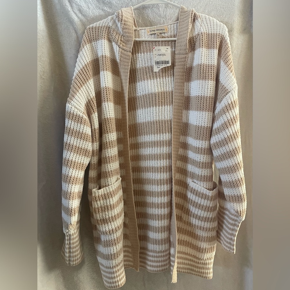 NWT Sweet Republic Cozy Tan and White Striped, Hooded Women's Sweater